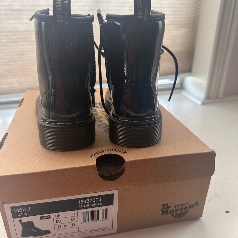 Dr. Martens Black Patent Leather Lace-Up Boots with Yellow Stitching